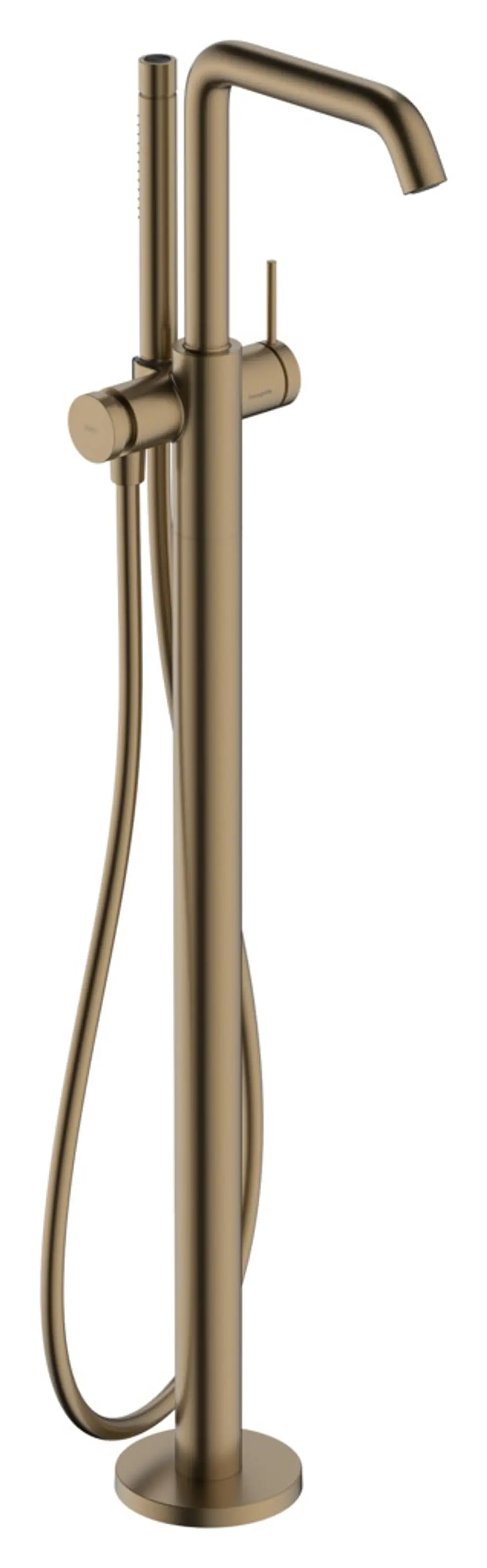 Hansgrohe-Wannenmischer in Brushed Bronze mit einem langen Auslauf und einem Handbrauseanschluss, montiert auf einem stabilen Sockel.